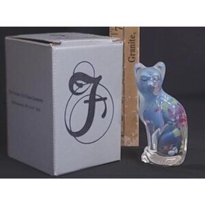 Fenton Handpainted Glass Cat Figurine With Floral Design Blue & Clear Glass
